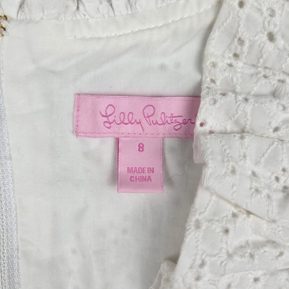 Lily Pulitzer Adeline Dress Women's Sz 8 White Eyelet Embellished Ruffled V Neck - Picture 3 of 8